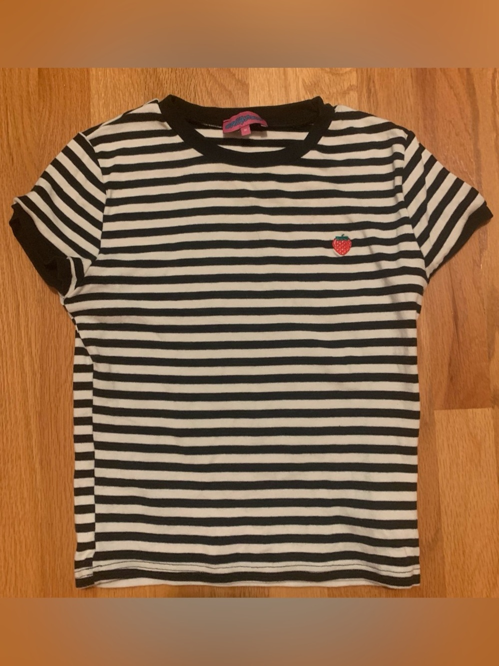 Edikted black and white baby tee with small strawberry patch